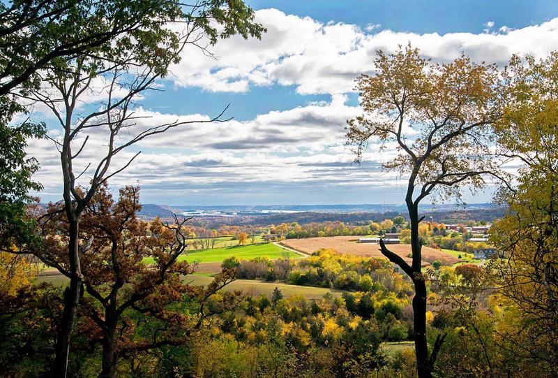 The Mississippi River meanders in the distance on a beautiful fall day.