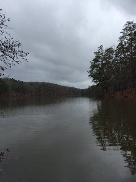 Venable Lake is pleasant when viewed from the beginning of the land bridge between it and the larger Stone Mountain Lake.