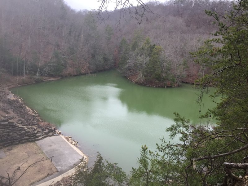 Enjoy this view of the lake and dam from a nearby switchback on the Fox Ridge Trail.