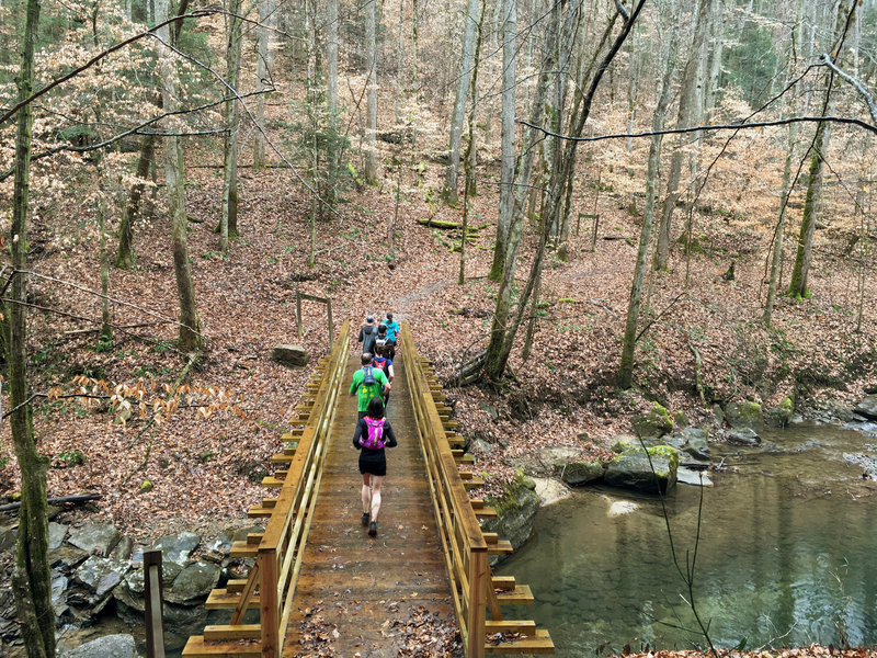 Runners navigate a bridge crossing at the intersection of Lick Creek Trail and the Sheltowee Trace.