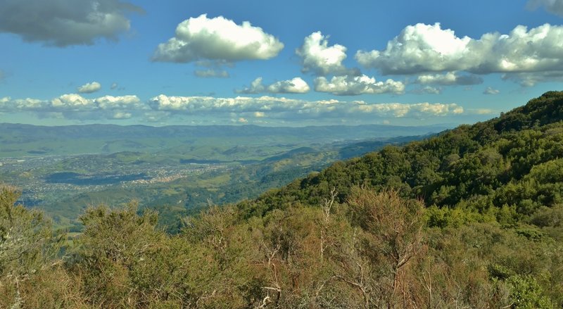 Quicksilver Park hills of Capitancillos Ridge, South San Jose, and the East Bay Hills in the distance, as seen looking northeast from high on Kennedy Trail