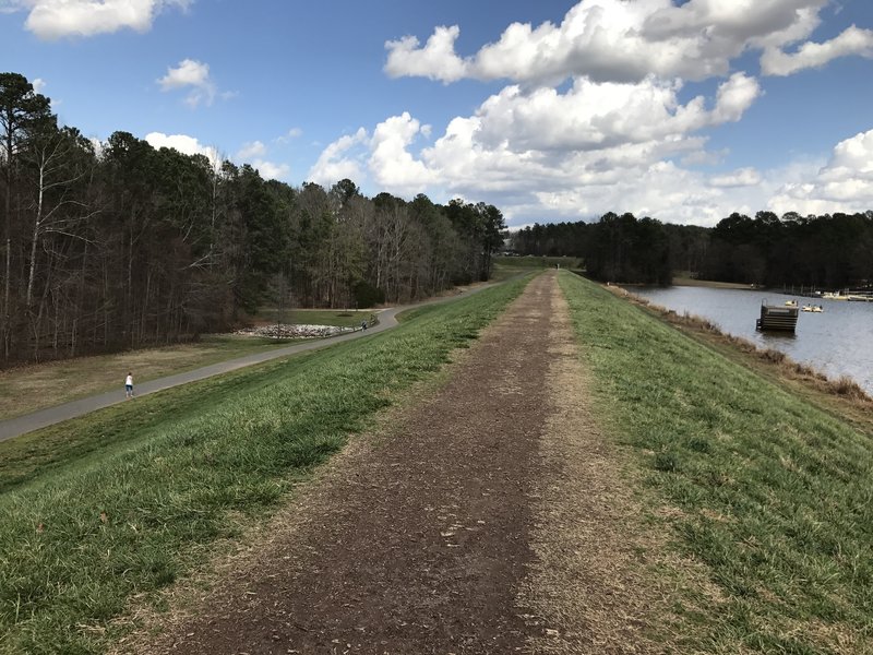 At this point, the Lake Trail traverses the top of the dam.