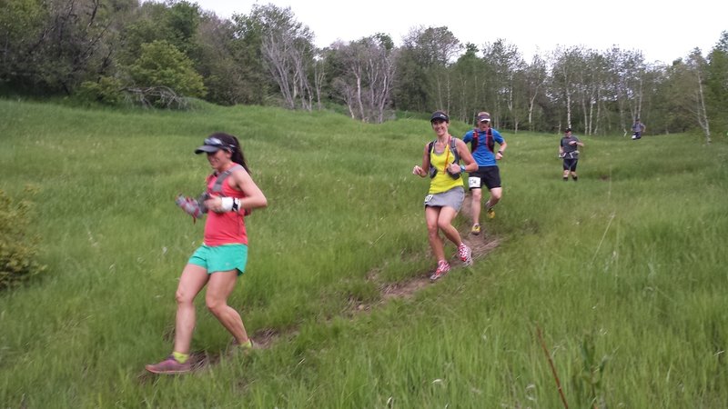 At mile 7.3, runners descend through the meadow below Rock Canyon Pass.