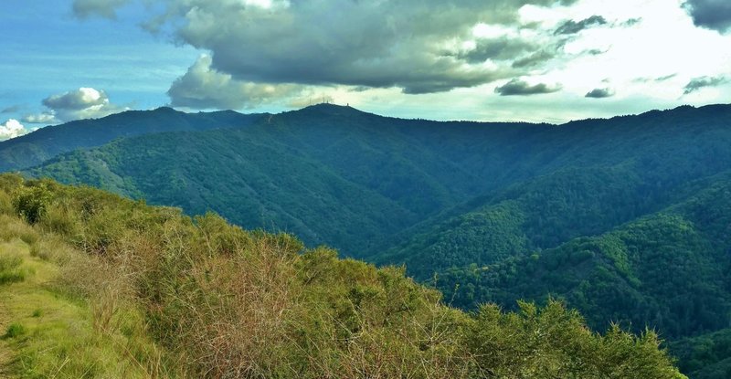 Rugged ridges stand with Loma Prieta, the highest peak in the Santa Cruz Mountains, in the distance.