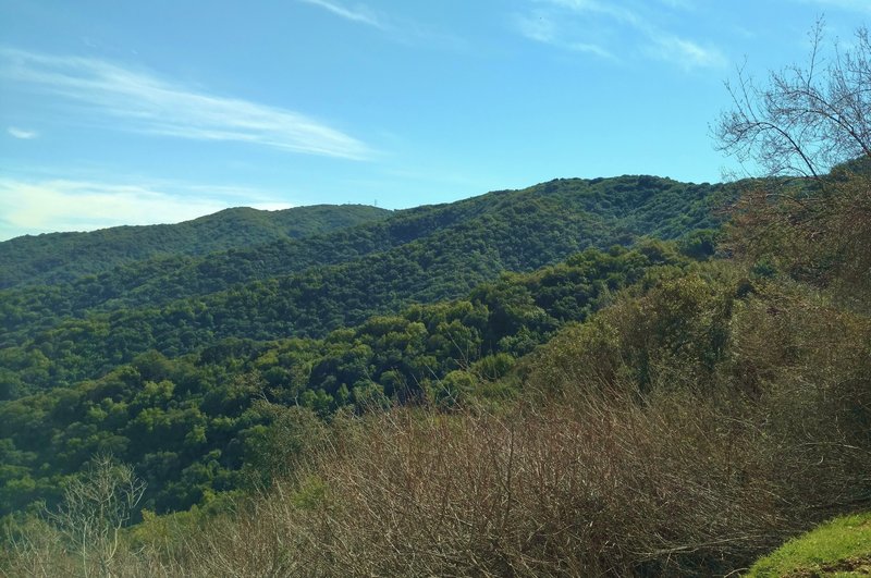 Mt. El Sombroso at 2,999 ft in the Santa Cruz Mountains is the highest point on the farthest ridge (center right).