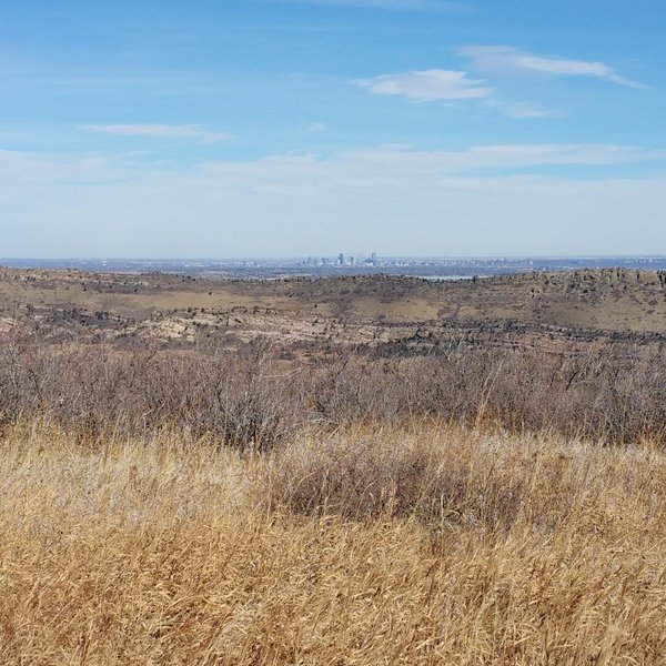 Enjoy spectacular views of a distant downtown Denver from the Meadowlark Trail.