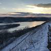 A winter sun sets over the goat prairie switchback on the Brady's Bluff Trail.