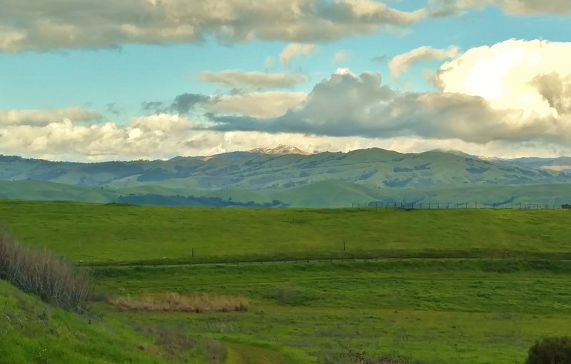 Looking northeast from the Pueblo Trail, Mt. Hamilton (4,265 ft) stands in the distance with rare snow on it.