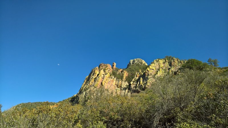 A view of Emory Peak is further improved by a beautiful moon.