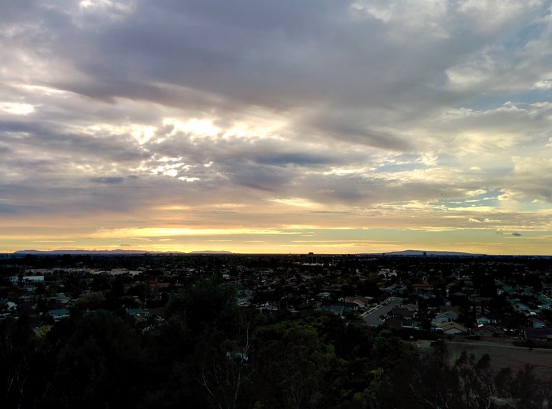 Looking southwest toward Huntington Beach, you can see Santa Catalina Island on the left. The hill on the right is the Palos Verdes Peninsula.