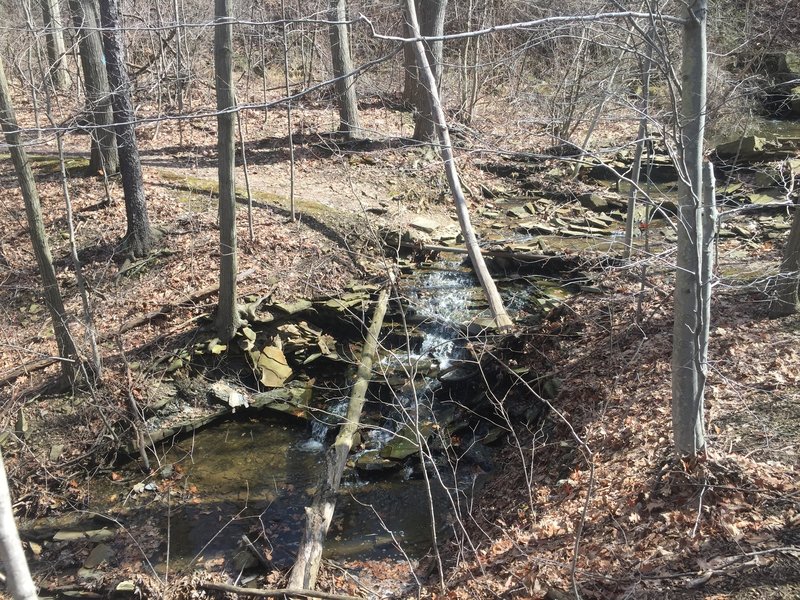 A smaller waterfall flows along the Sagamore Creek Loop Trail.