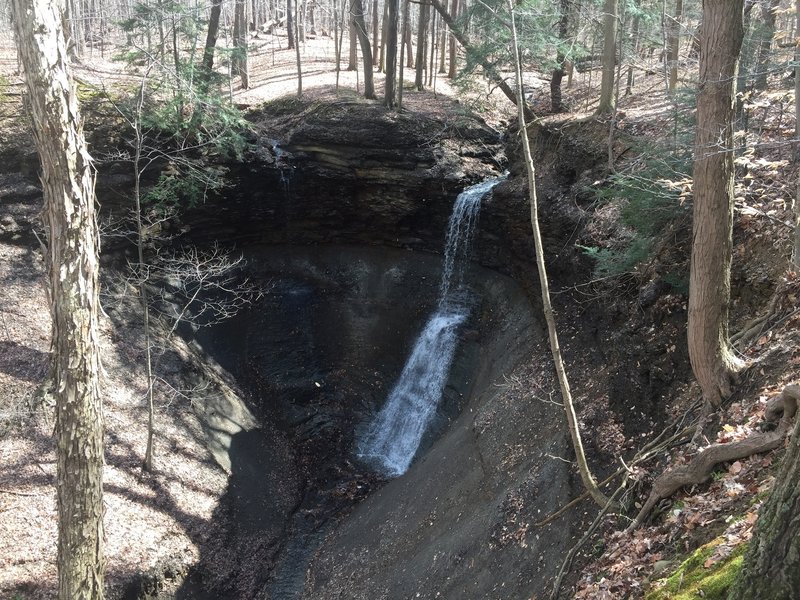 A unique double waterfall has formed in a bowl of shale and sandstone along the Sagamore Creek Loop Trail.