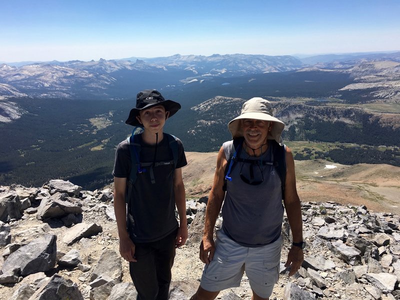 My son and I pose atop Mount Dana. Last time I hiked Dana was 50 years ago when I was 14!