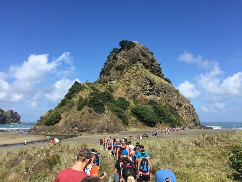 The group heads to the start line at Lion Rock.