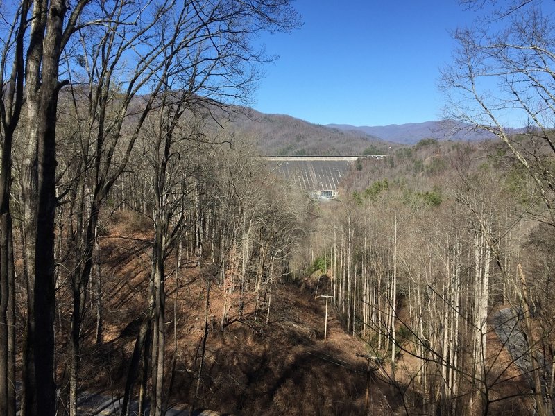 Water trickles through Fontana Dam far in the distance along the trail.