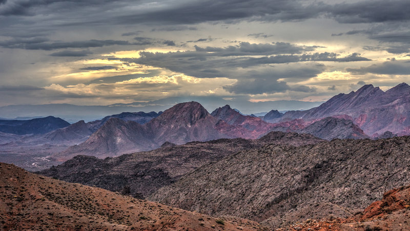 The desert landscape comes aglow in the evening light.