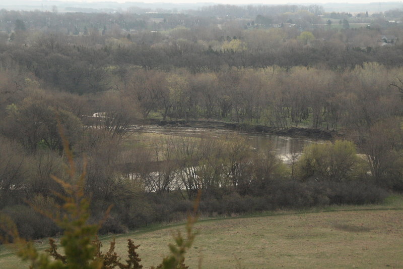 The view from the top of the Prairie Vista Trail looks east toward the river and the town of Brandon, South Dakota.