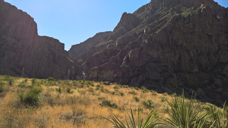 Before the switchbacks on the Oak Spring Trail, the "Window" can be seen between the two mountains.