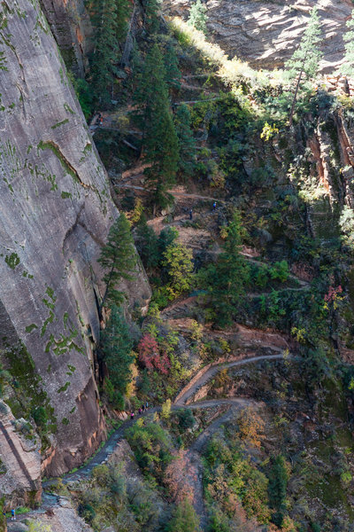 The trail up Hidden Canyon can be seen below from the East Rim Trail.