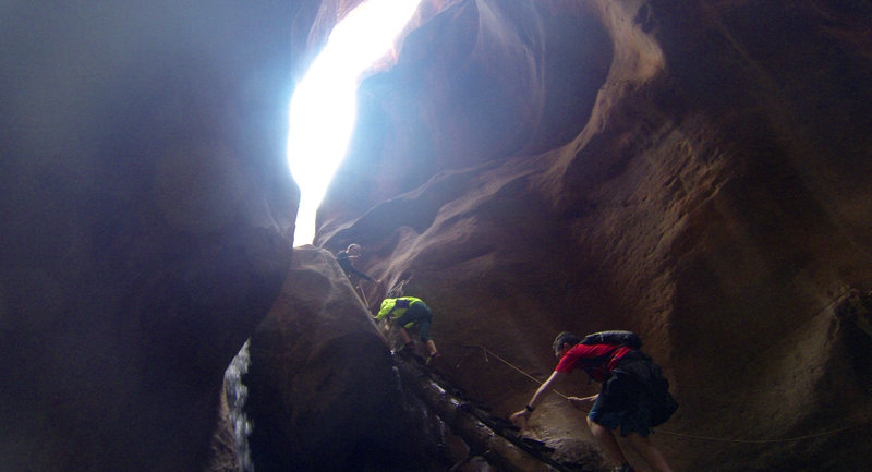 Our group ascends the ladder at Kanarraville Falls.