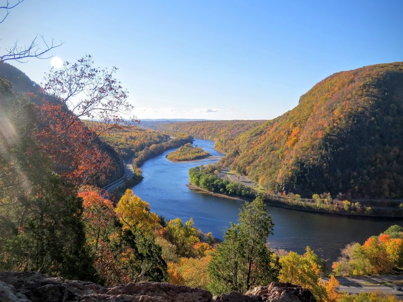 The Delaware Water Gap comes alive in the autumn. Interstate 80 (seen below and on the left side of the Delaware River) puts drivers right in the action.