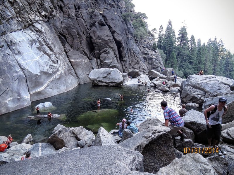 Lower Yosemite Falls Plunge Pool is magical on a hot day in a dry summer.  It was 105 degrees this day with incredibly ice cold water.