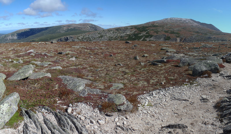 The Hunt Trail offers pleasant autumn views toward Baxter Peak on the tableland near Mount Katahdin, Baxter State Park, Maine.