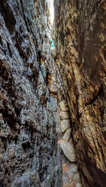 Well, you really can't go back, so finish by climbing up through the crevice to the open air above.