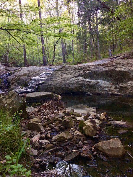 Cedar Falls flows along rounded rocks.