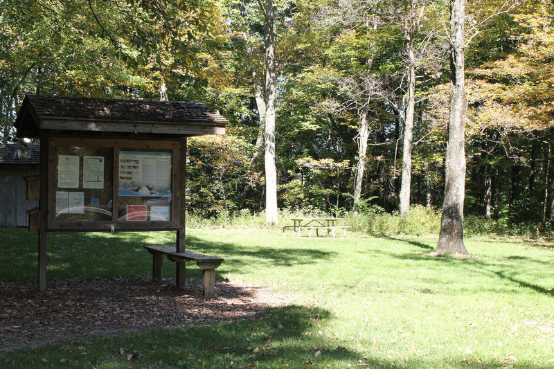 Trail Intersection #16 is bolstered by an informative kiosk, plenty of shade, and a picnic area.