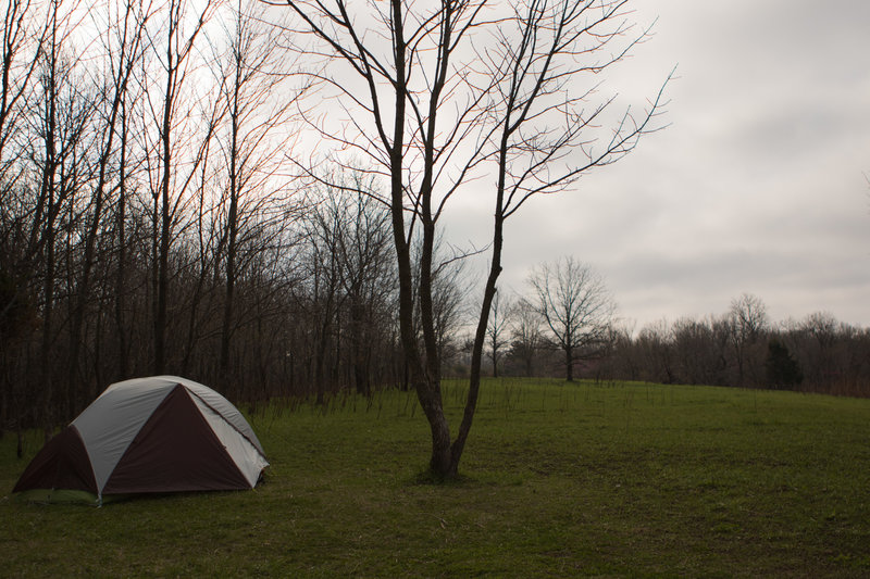 This campsite in Indian Caves State Park is pretty cushy and has great views of the grass and forest to boot!