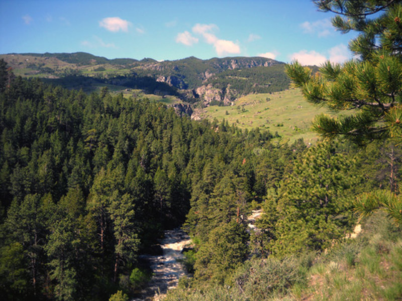 The trail follows the Tongue River along a box canyon.