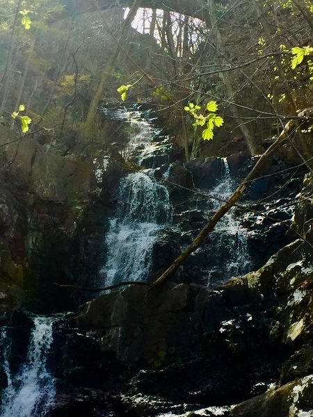 A scenic waterfall alongside the trail.