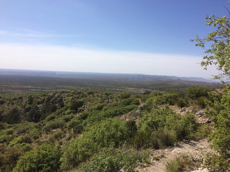 From the Frejole Trail, enjoy nice views looking out onto the highway that runs north and south near the Guadalupe Mountains.