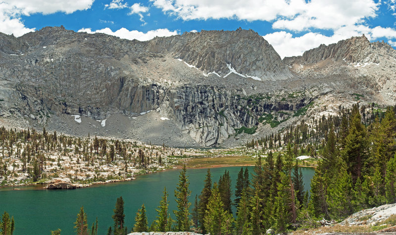 The 4th Big 5 Lake is in the foreground. The 5th is barely visible at base of cliffs in the background. The basin is spectacular and uncrowded.