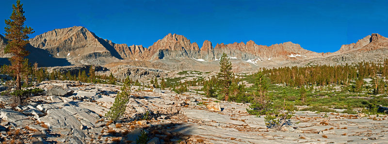 This was taken from the lower end of Kaweah Basin looking toward Mt. Kaweah on the left and Kaweah Queen on the right. Para-Queen Col is the low point to the left of Kaweah Queen.