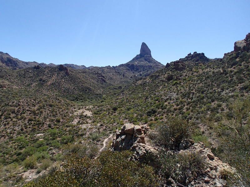 The backside of Weavers Needle can be seen from the Peralta Canyon Trail.