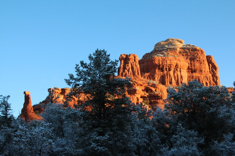 Boynton Spire pokes through the snow on a frosty morning.