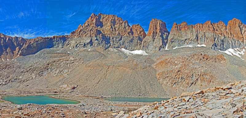 Lakes collect snowmelt below Second Kaweah with Bilko Pinnacle, Square Top, Michael's Pinnacle, and the Red Kaweah to the right.