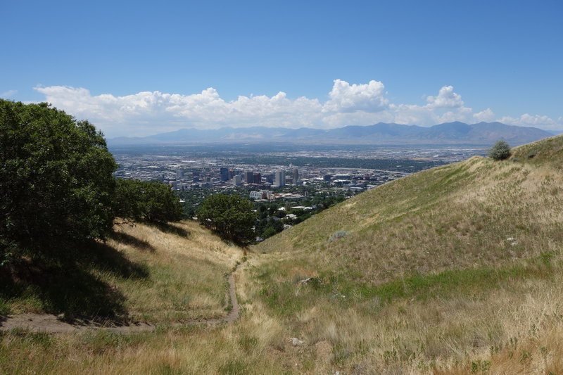 Downtown Salt Lake City seen from the Bonneville Shoreline Trail just above East Edgehill Road.