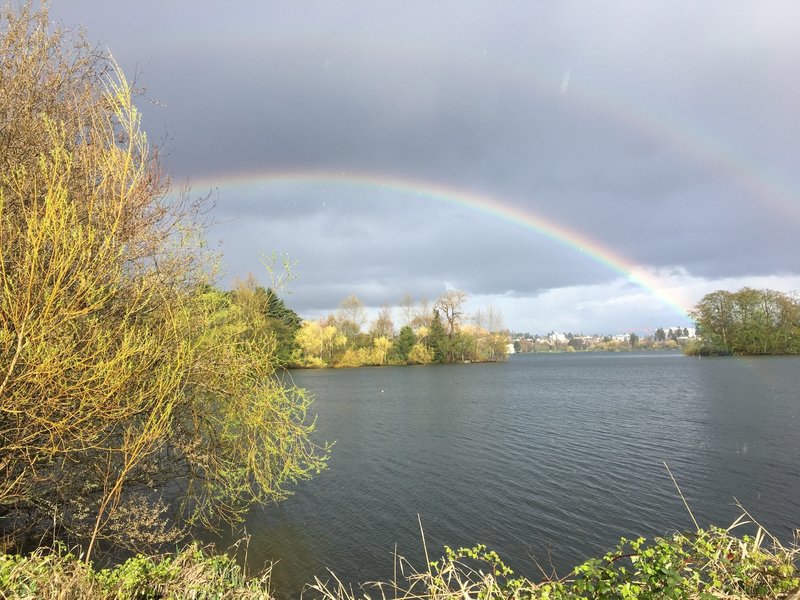 A double rainbow over Green Lake's Duck Island.