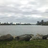 The view from the trail over the East River is great. Left to right: Astoria, Queens (tall red smokestacks are Ravenswood Generating Station in Queens; Roosevelt Island; Queensborough Bridge; Upper East Side of Manhattan.