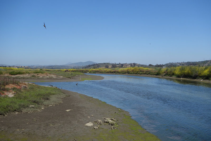 San Dieguito River flowing through he San Dieguito Lagoon with Black Mountain visible 7 miles away.