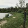 A peek at a trail marker as the trail winds around the bottom of the fishing ponds and heads toward the hidden prairies behind the ponds. Note: Good fishing spot here on the picnic tables