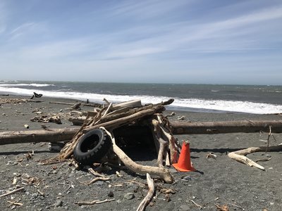 Driftwood forts are abundant on Klamath Beach.