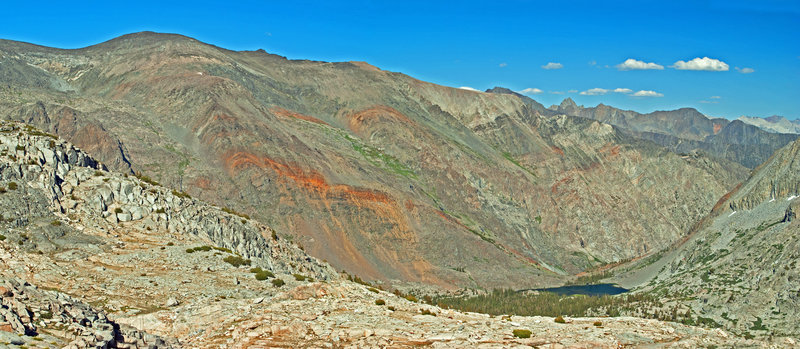 This view is looking down Goddard Creek toward the Ragged Spur with the Black Divide in the distance.