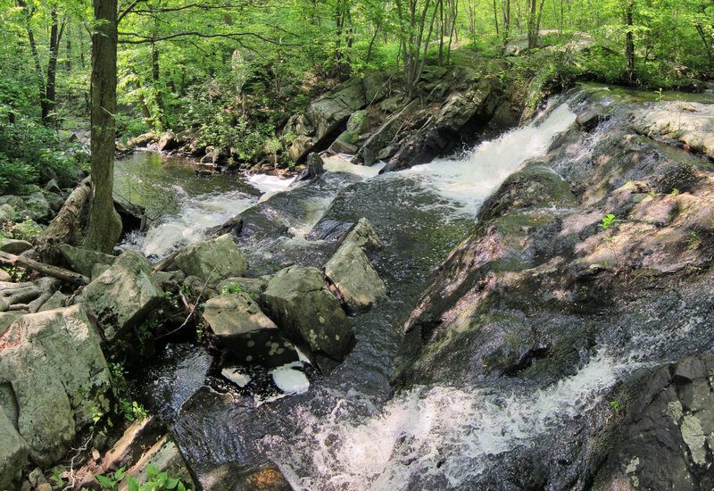 Posts Brook waterfall cascades alongside Norvin Green State Forest's Hewitt-Butler trail.