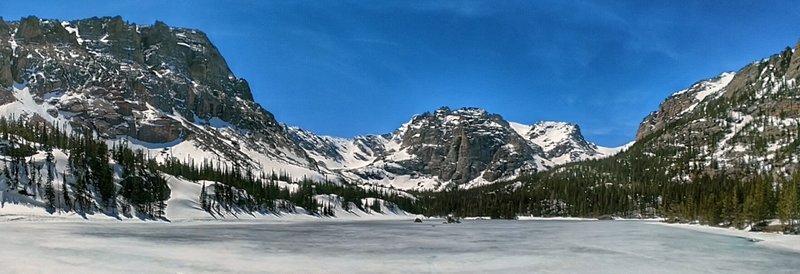 Loch Vale can still be frozen in early May.