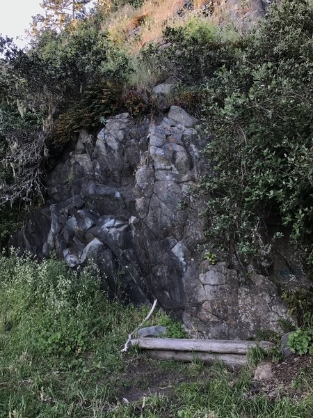 A weathered bench at the base of a large rock outcrop sits near the end of the Parker Creek Trail.