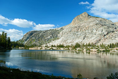 Peninsula Lake and Haystack Peak soak up the sun in the early evening. What looks like the opposite shore is really a long peninsula in the center of the lake.